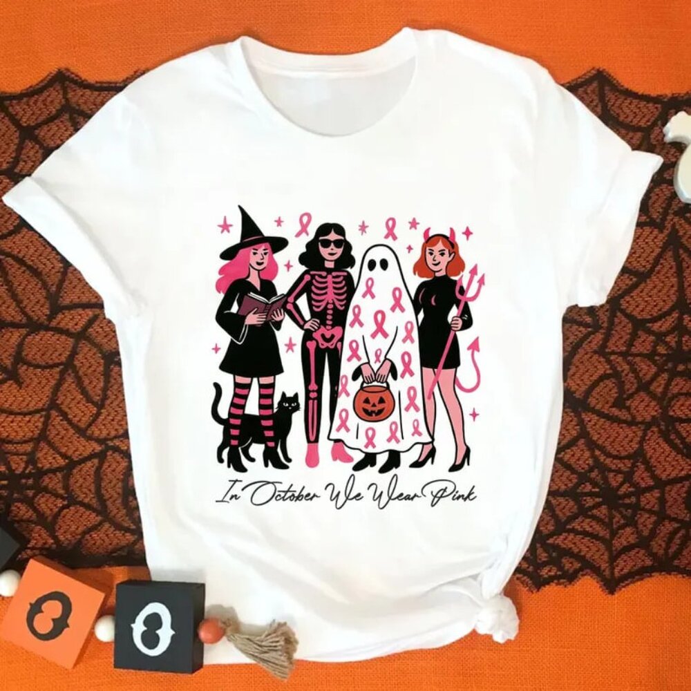 In October We Wear Pink Ghost Tshirt, Halloween Pink Ghost Shirt